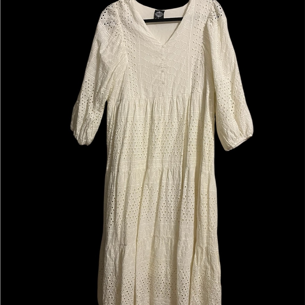 Cal Style Boho Cream Eyelet Maxi Dress 3/4 Sleeves Size Large